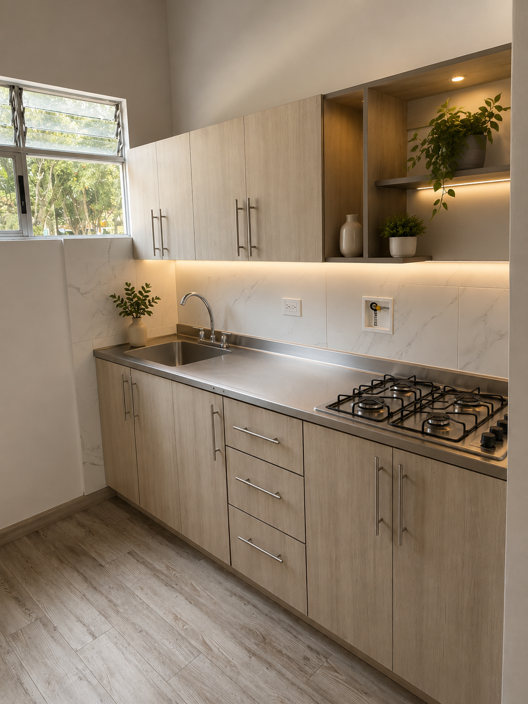 Cocina integral remodelada con mesón en acero y muebles de madera clara
