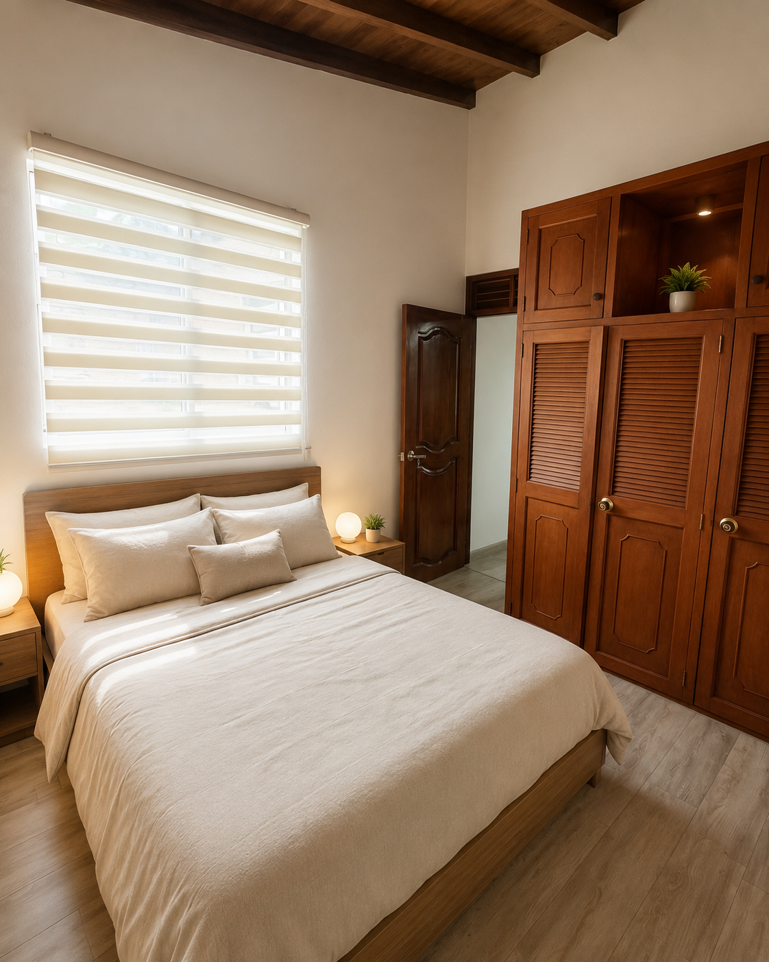 Habitación principal con luz natural cálida y techos de madera